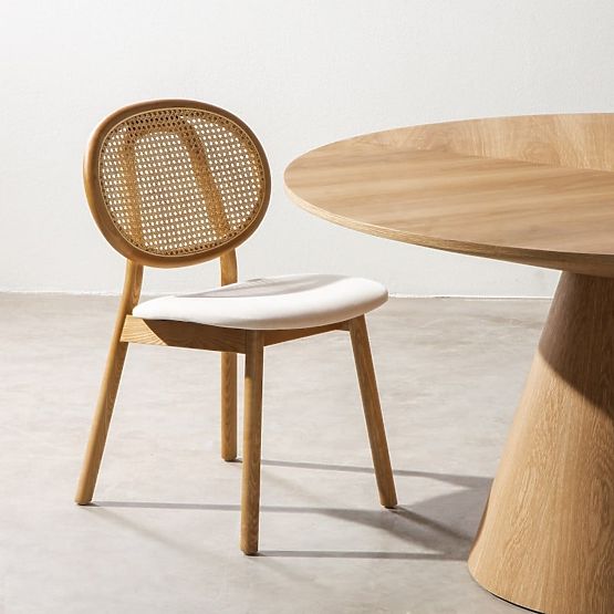 Wooden Chair Monet with Viennese Weave, Rattan, Velour, Natural/Light Beige
