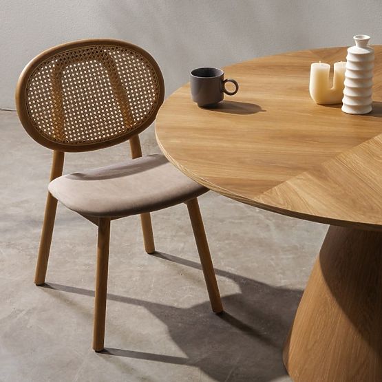 Wooden Chair Monet with Viennese Weave, Rattan, Velour, Natural/Light Brown
