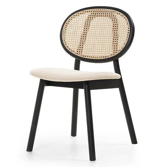 Wooden Chair Monet with Viennese Weave, Rattan, Velvet, Black/Beige
