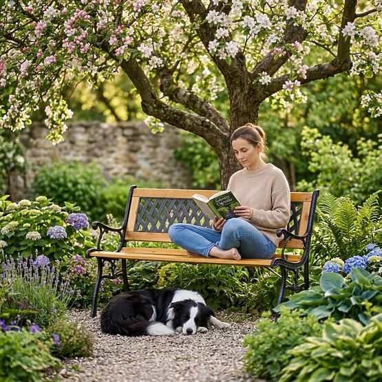 Wooden Garden Bench 126x51 cm with Lattice Backrest and Cast Iron Legs Park MultiGarden