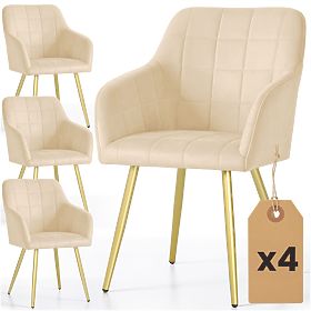 4x Upholstered Chair with Square Quilting Beige LUXANO Gold Legs