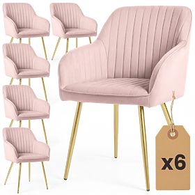 6x Velvet Upholstered Chair with Stitching Powder Pink FLORENCE Gold Legs
