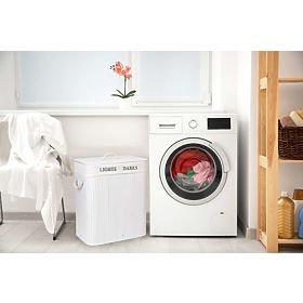 Bamboo Laundry Basket with Lid 100L 2 Compartments White