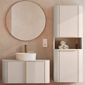 Bathroom Cabinet, Bassa Column in Cashmere, Gold Handles, Rounded