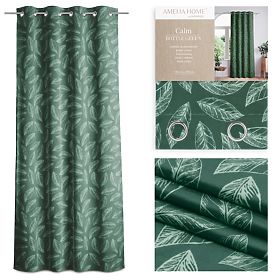 CALM Curtain Bottle Green Color Printed Plant Motif Classic Style Silver Metal Rings