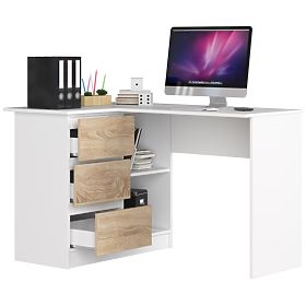 CORNER DESK B16 124 cm LEFT 3 DRAWERS WHITE / SONOMA OAK
