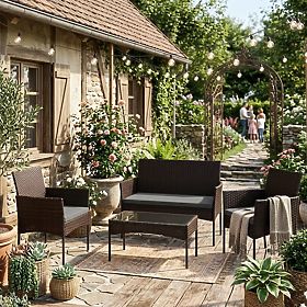 Dark Brown MultiGarden Rattan Garden Furniture Set with Bench, Table, and Chairs