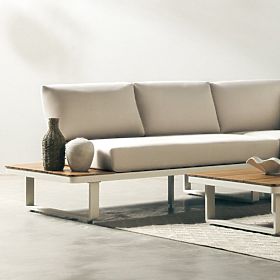 Garden Corner Sofa with Table Porticato, Acacia Wood FSC, Teak Look, Light Beige