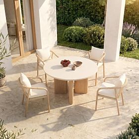 Garden Table Komorebi 130 cm with Stone Top, Light Acacia Wood/Light Beige, Round, Slats