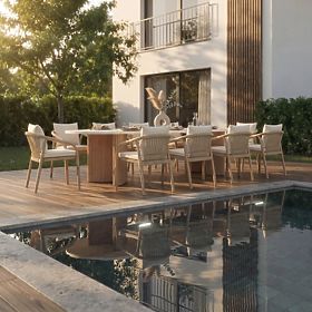 Garden Table Komorebi 270 cm with Stone Top, Light Acacia Wood/Light Beige, Oval, Slats