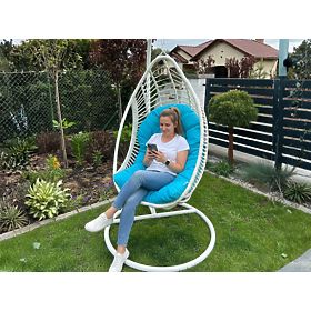 Hanging Chair BELLISSIMO (chair + frame) in White Technorattan with Blue Cushion, Cover GRA