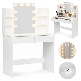Large Cosmetic Vanity Table with Mirror and LED Lighting 3 Colors Shelves Drawers ModernHome, MODERNHOME