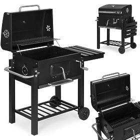 Large Garden Charcoal Grill with Lid, Thermometer, Shelves, Wheels, and Free Blower