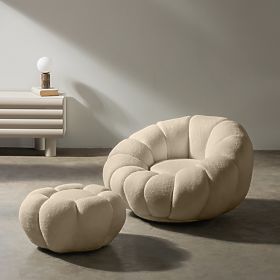 Pouf Perugia, Beige, Bouclé, Rounded Shapes