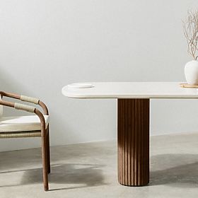 Rovigo Garden Table 220 cm with Stone Top, Dark Acacia Wood/Light Beige, Rounded Shapes, l
