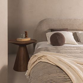 Upholstered Bed Luno 140x200 cm, with Slatted Frame and Storage, Light Beige, Rounded