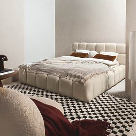 Upholstered Bed Nexo 160x200 cm, with Slatted Frame and Storage, Light Beige, Rounded Shapes