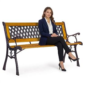 Wooden Garden Bench 126x51 cm with Lattice Backrest and Cast Iron Legs Park MultiGarden, MultiGarden